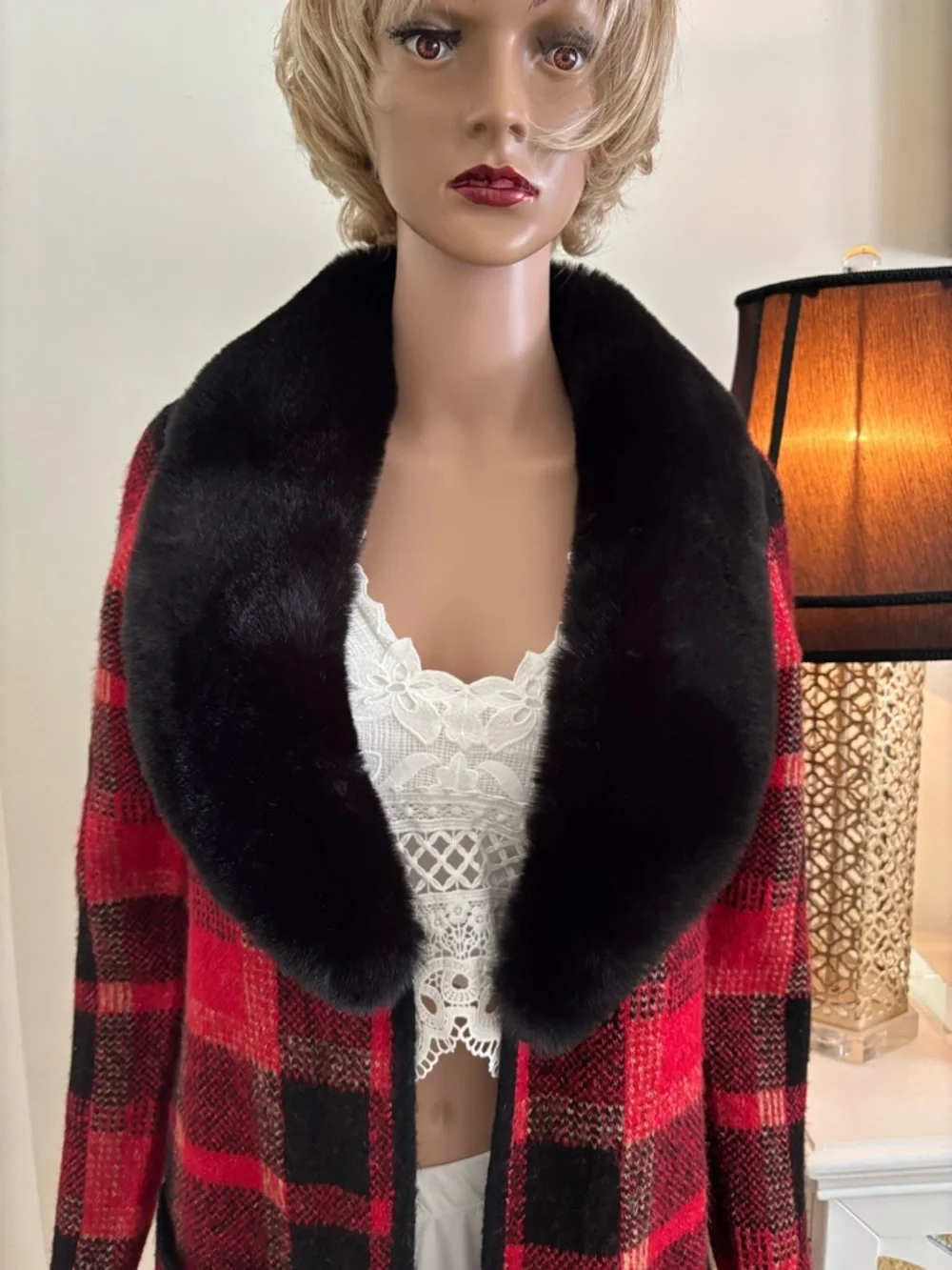 cleo Red and Black Plaid Vest with Black Faux Fur Collar - Picture 4 of 14